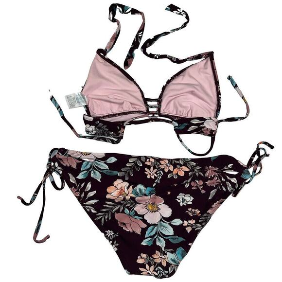 Kona Sol Burgundy Floral Bikini Two Piece Tie Hips Swim Suit Size M - Picture 5 of 10